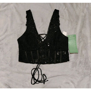 City Triangles Women's Bralette Lined Top Black Sequins Lace Size Juniors 17 XL
